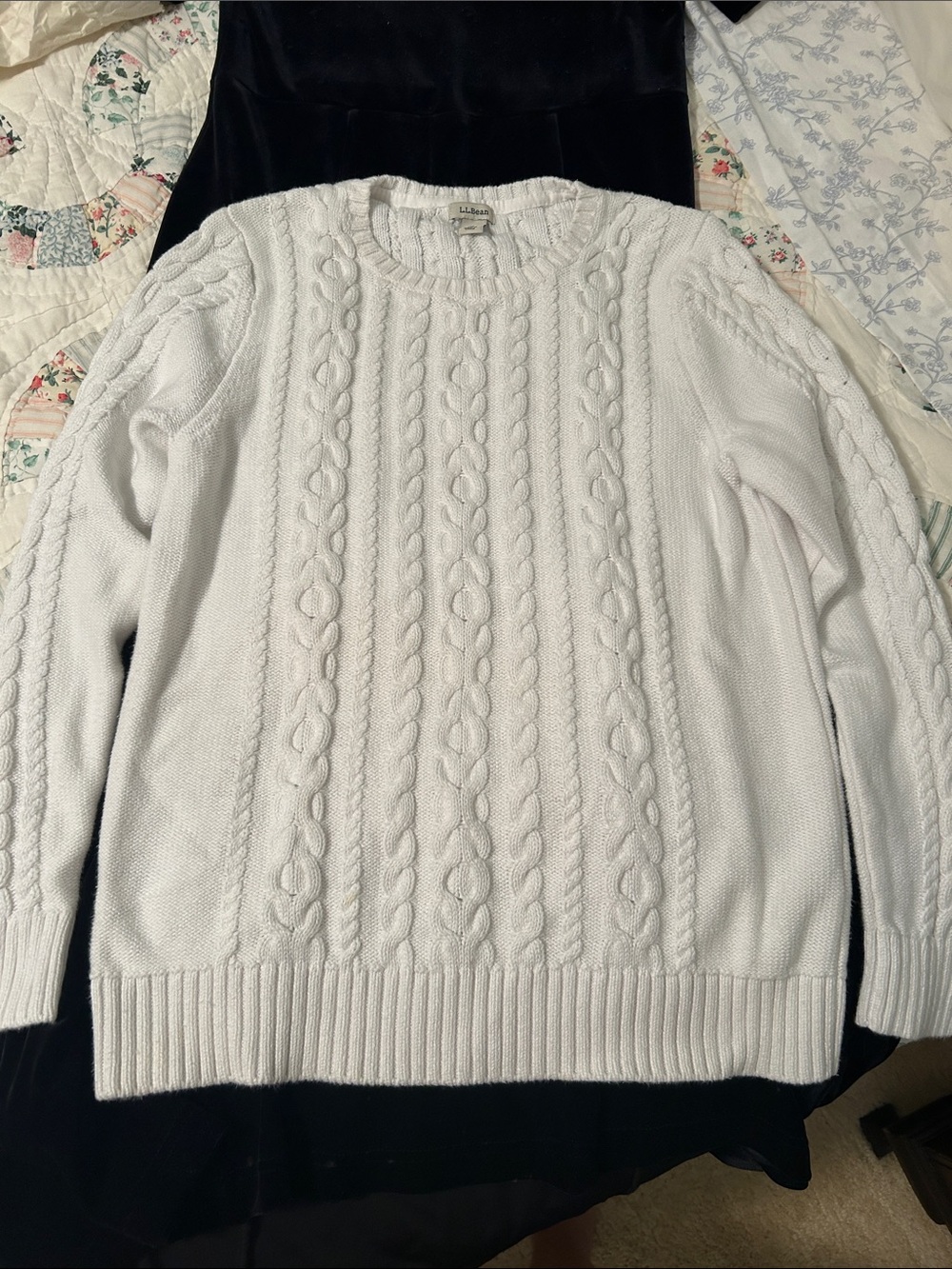 L.L. Bean Women's White Cable-Knit Crewneck Sweater